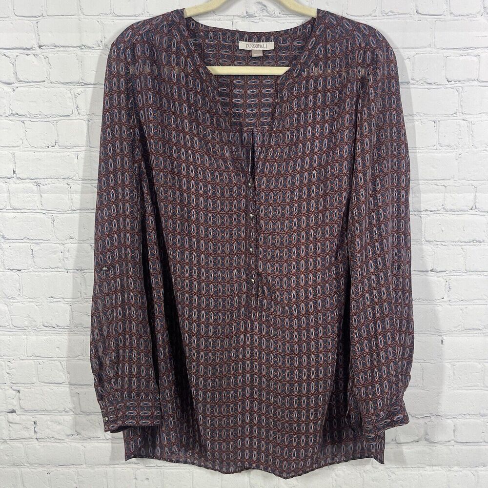 Roz&Ali Tunic Y Neck Shirt Women 2x Artsy Multicolor Roll Tab Sleeve Sheer Flowy